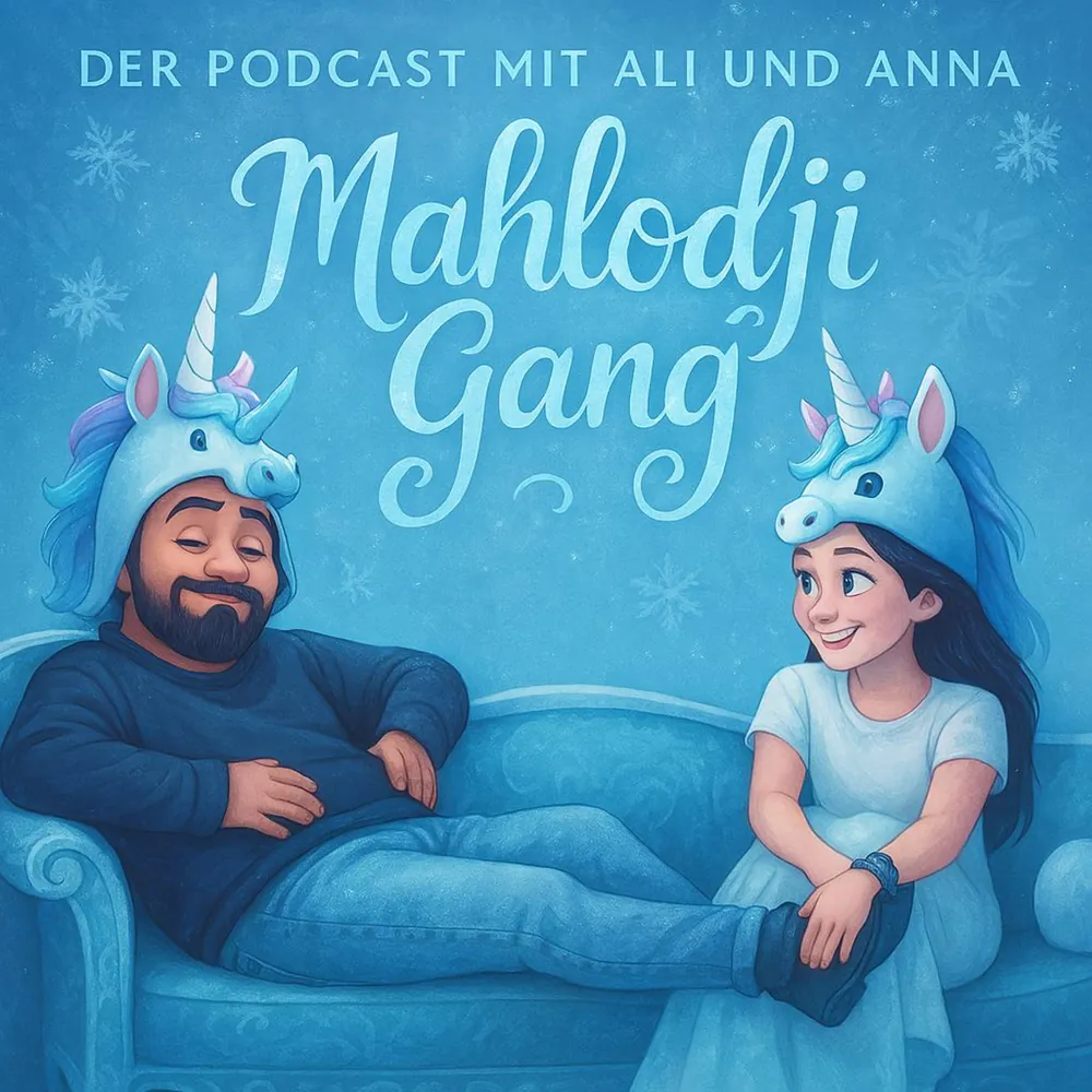 Illustriertes Episodenbild von Folge 26: Anna und Ali mit Einhorn-Mützen auf einem Sofa