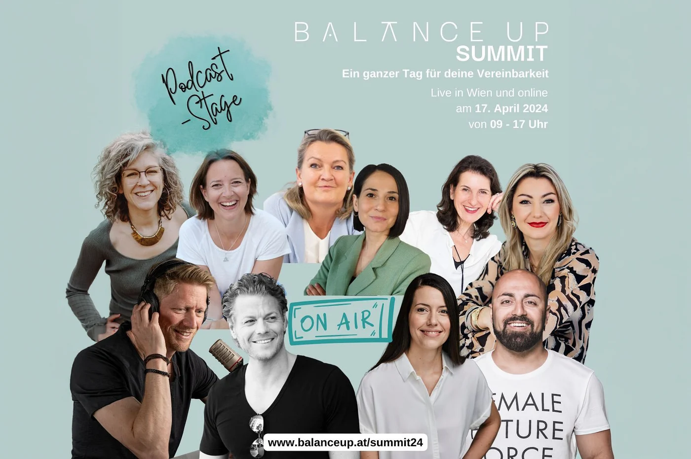 Ankündigung der Podcast-Stage beim balanceUP Summit 2024 mit Anna und Ali Mahlodji (Plakat, seitlich per Generativem Erweitern auf 3:2 gebracht)