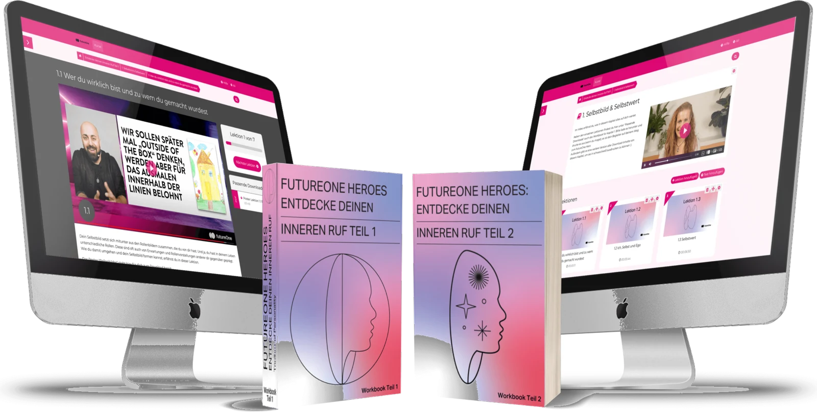 futureOne HEROES – Kursansicht auf zwei Bildschirmen und die beiden Workbooks „Entdecke deinen inneren Ruf“